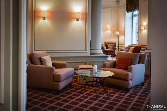 Salon élégant avec fauteuils en cuir marron, table basse dorée et moquette à motifs rouges