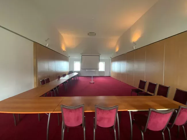 Salle de réunion moderne avec grande table en bois et chaises roses sous un plafond blanc